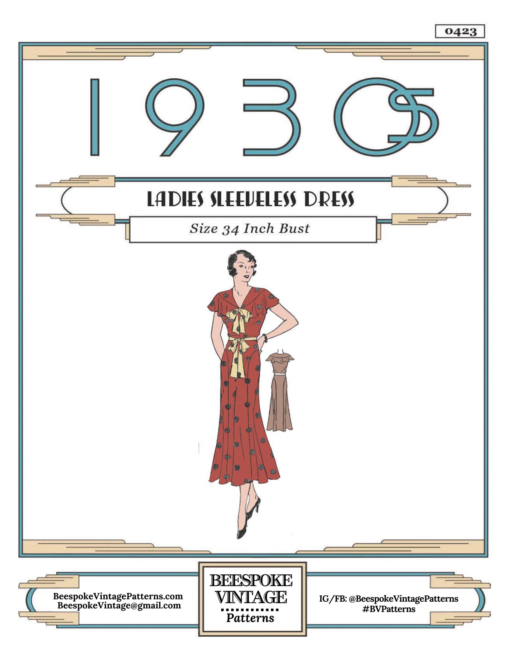 1930s Sleeveless Day Dress - Bust 34” #T0423 [PDF - PRINT AT HOME]