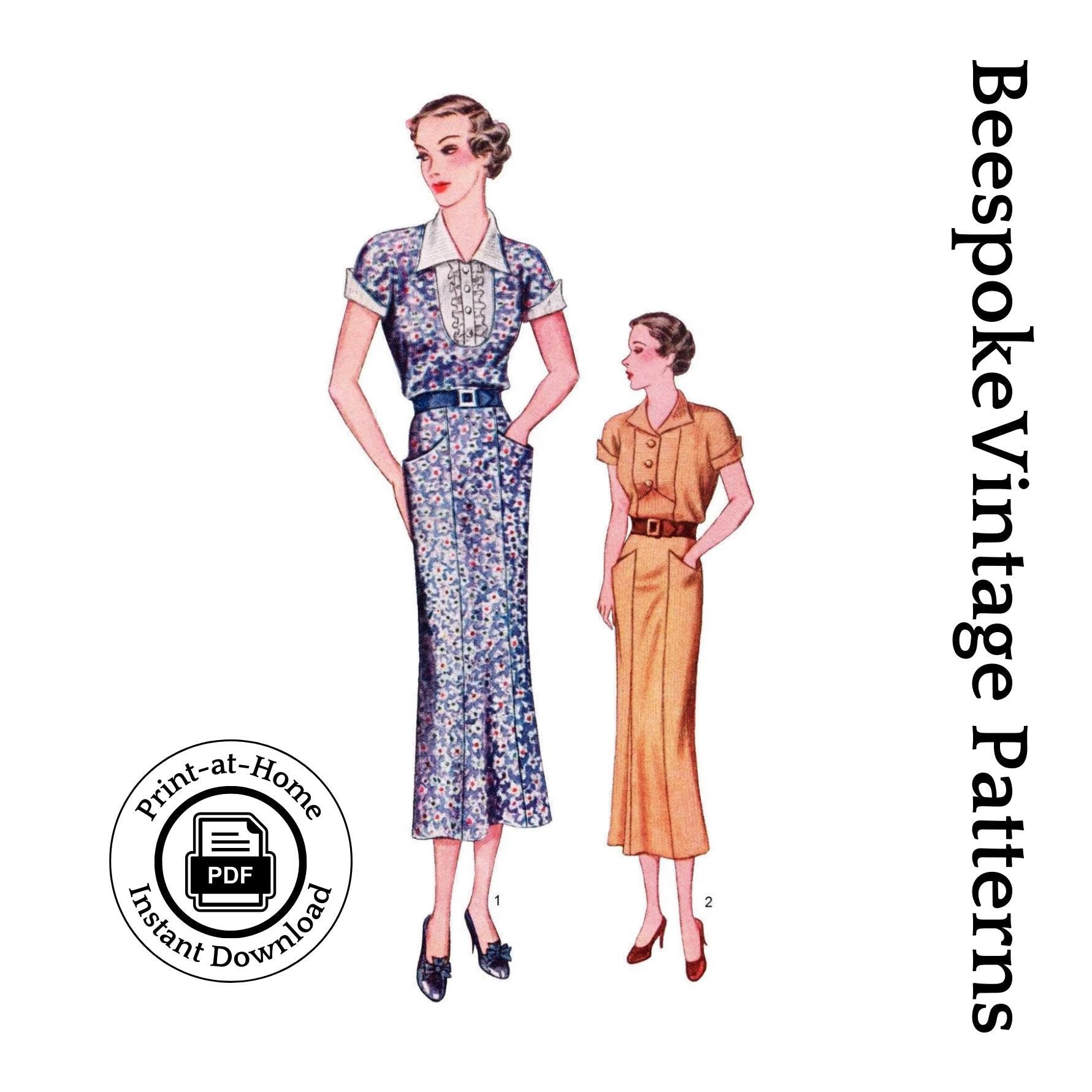 1930s Ladies Day Dress With Two Necklines - INSTANT DOWNLOAD - Reproduction 1936 Sewing Pattern #T8116 - 42 Inch Bust PDF - Print At Home