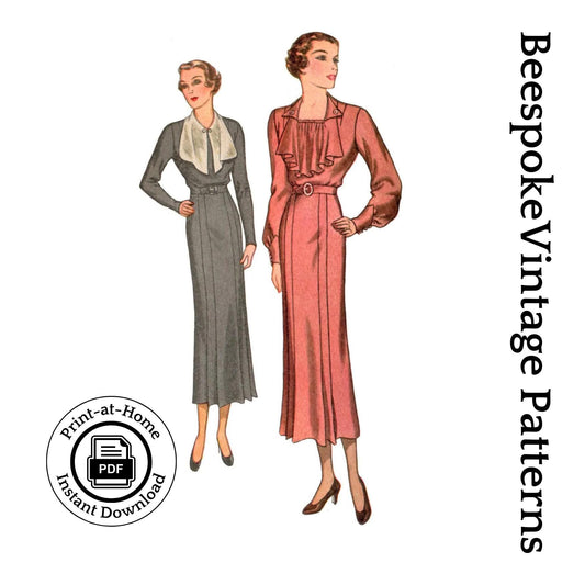 1930s Ladies Dress With Jabot - INSTANT DOWNLOAD - Reproduction 1934 Sewing Pattern #T7982 - 41 Inch Bust [PDF - PRINT AT HOME]