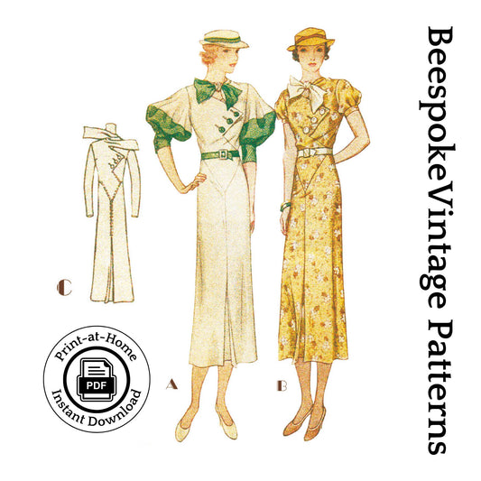1930s Ladies Dress With Sleeve Options -INSTANT DOWNLOAD- 1933 ArtDeco Pattern #T7357 -34 Inch Bust[PDF - PRINT AT HOME]