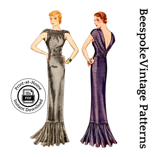 1930s Ladies Evening Gown With Gathered Neckline - INSTANT DOWNLOAD - Reproduction 1933 Sewing Pattern #T7595 [PDF - PRINT AT HOME]