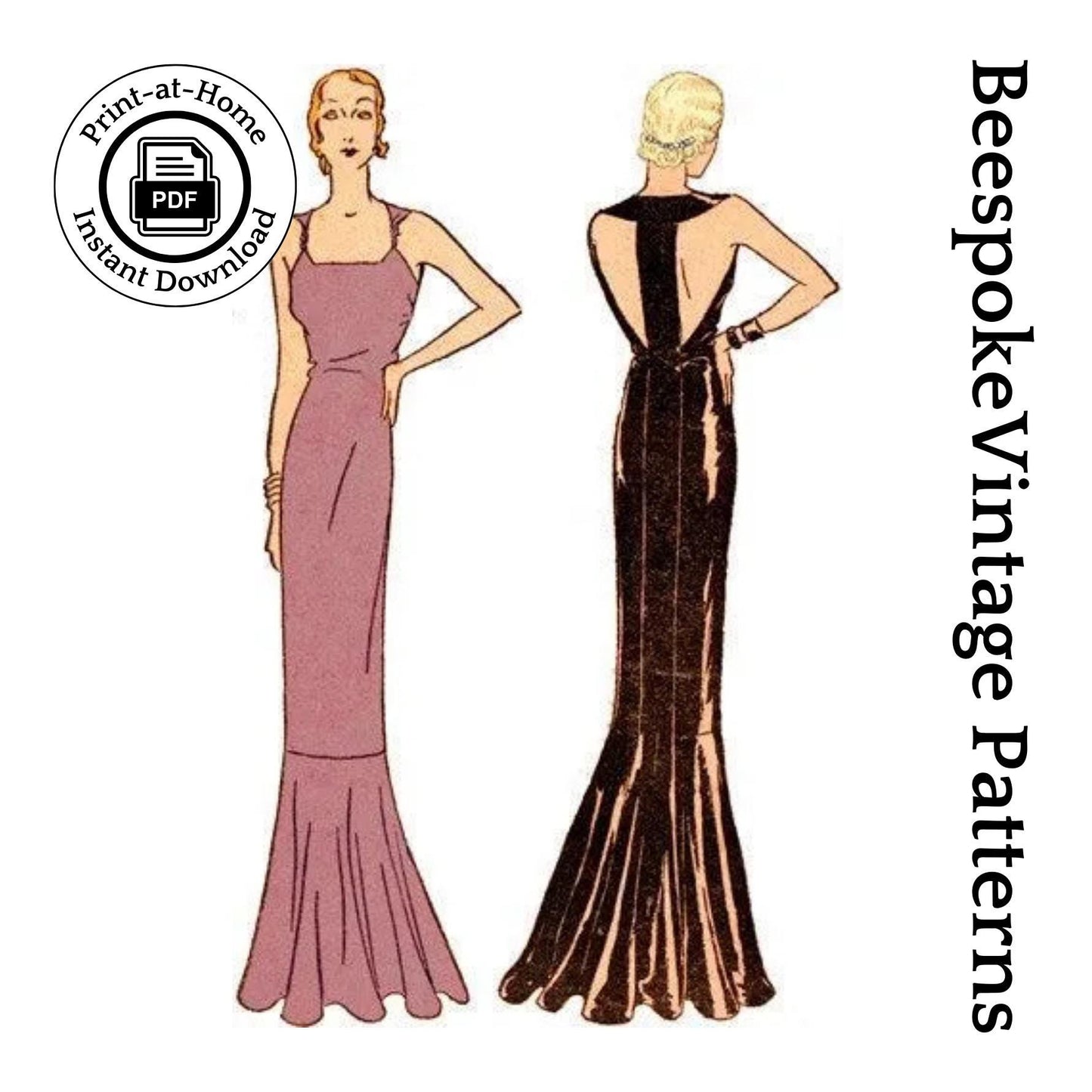 1930s Ladies Evening Gown With T-Back Band - INSTANT DOWNLOAD - Reproduction 1931 Sewing Pattern #T5902 - 34 Inch Bust [PDF - PRINT AT HOME]