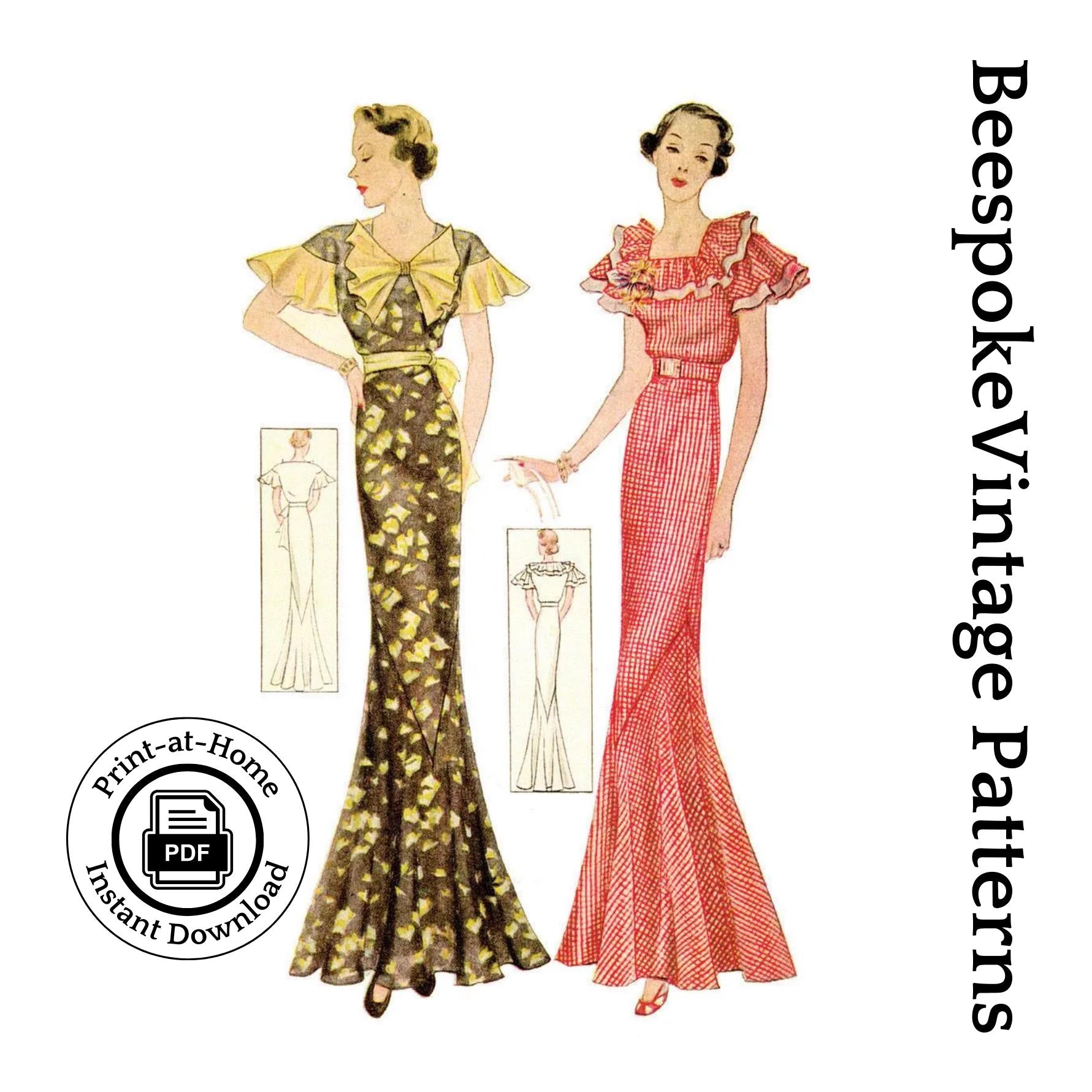 1930s Ladies Evening Gown With Two Necklines - INSTANT DOWNLOAD - Reproduction 1934 Sewing Pattern #T1495 -36 Inch Bust [PDF - PRINT AT HOME]