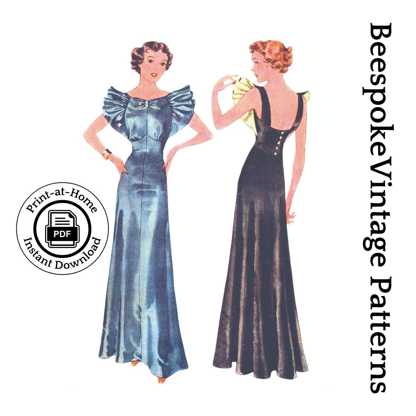 1930s Ladies Evening Gown With Wide Ruffle - INSTANT DOWNLOAD - Reproduction 1936 Sewing Pattern #T9037 - 38 Inch Bust [PDF - PRINT AT HOME]