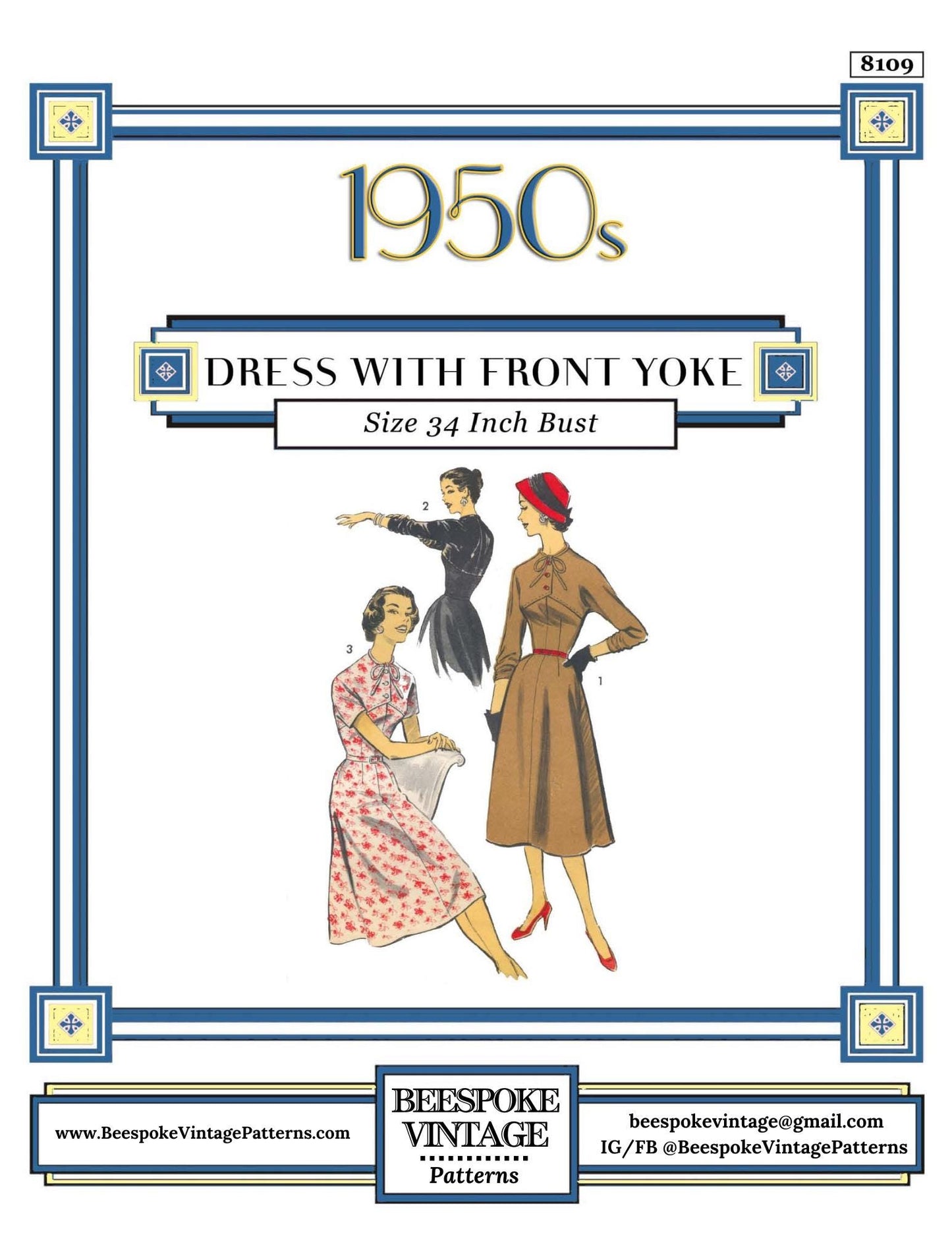 1950s Ladies Dress with Front Yoke - INSTANT DOWNLOAD - Reproduction 1956 Sewing Pattern #F8109 - 34 Inch Bust [PDF - PRINT AT HOME]