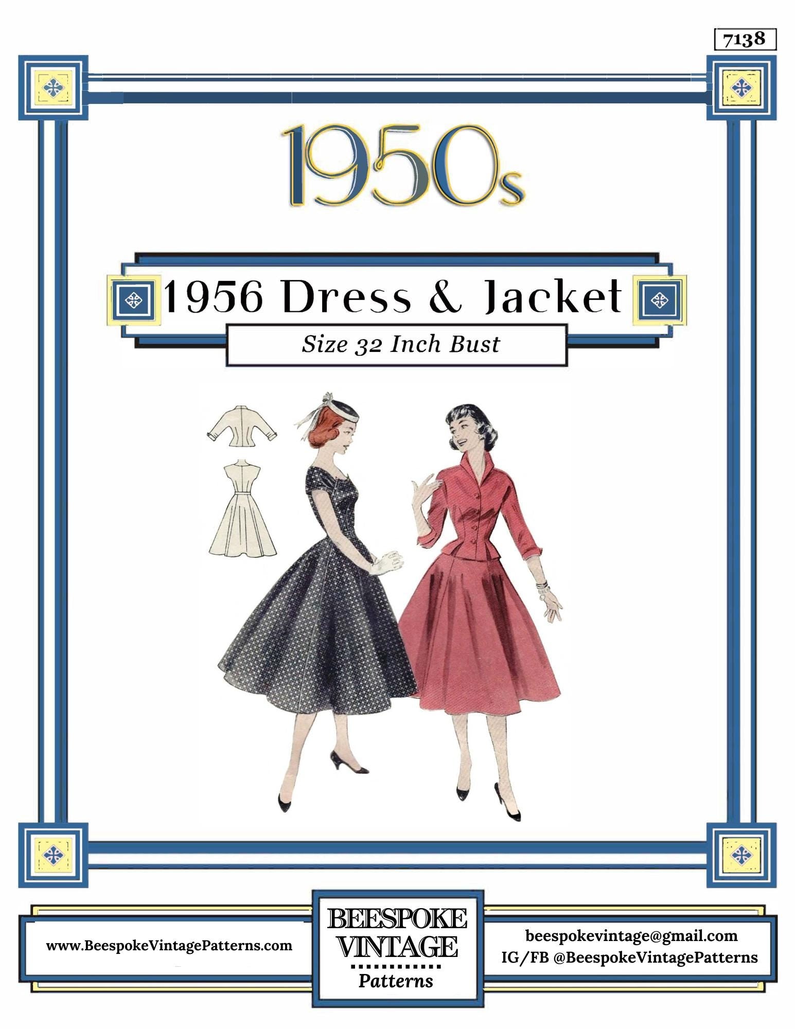 1950s Ladies Dress with Jacket - INSTANT DOWNLOAD - Reproduction 1954 Sewing Pattern #F7138 - 32 Inch Bust [PDF - PRINT AT HOME]