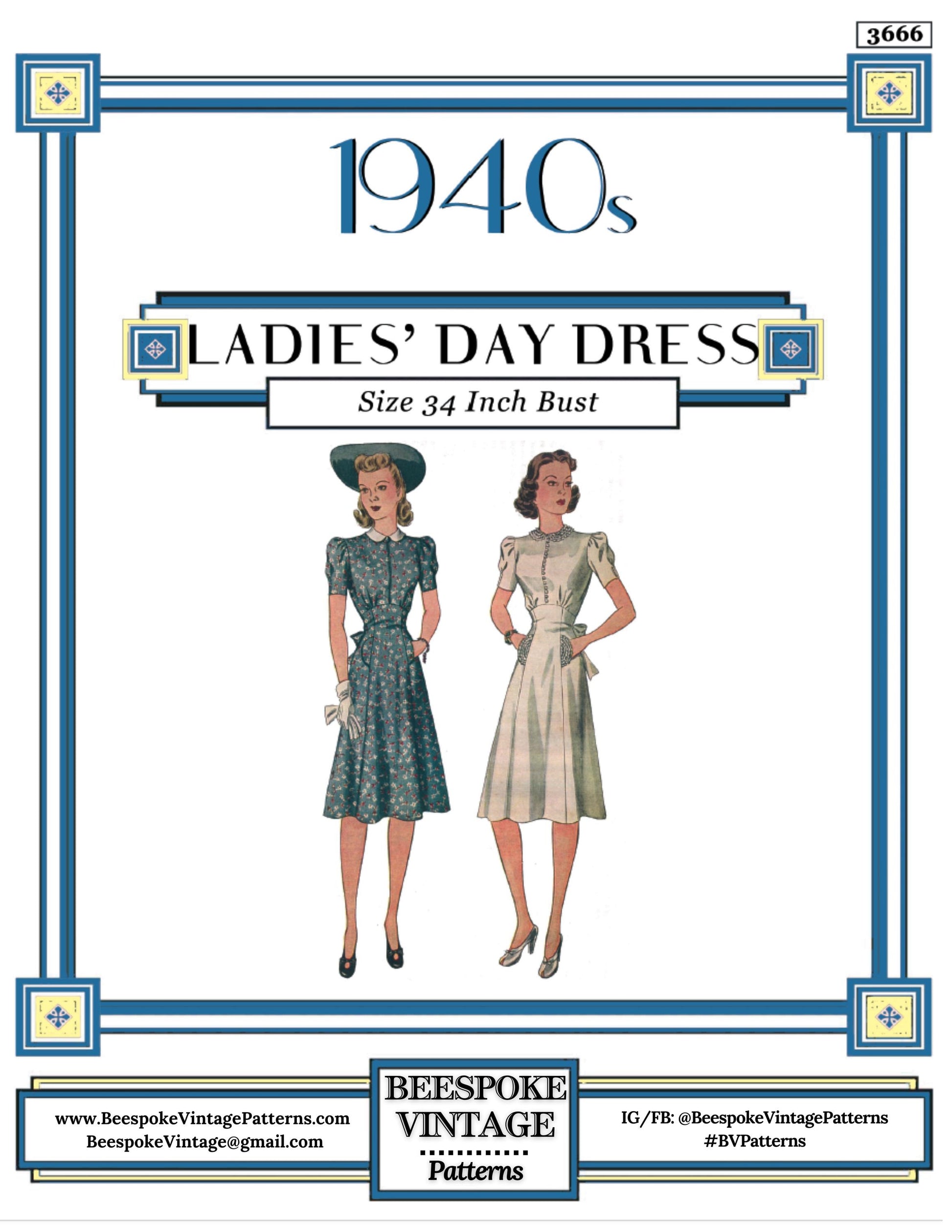 1940s Ladies Day Dress With Raised Waistline - INSTANT DOWNLOAD - Reproduction 1941 Sewing Pattern #F3666 - 34 Inch Bust - PDF-Print At Home