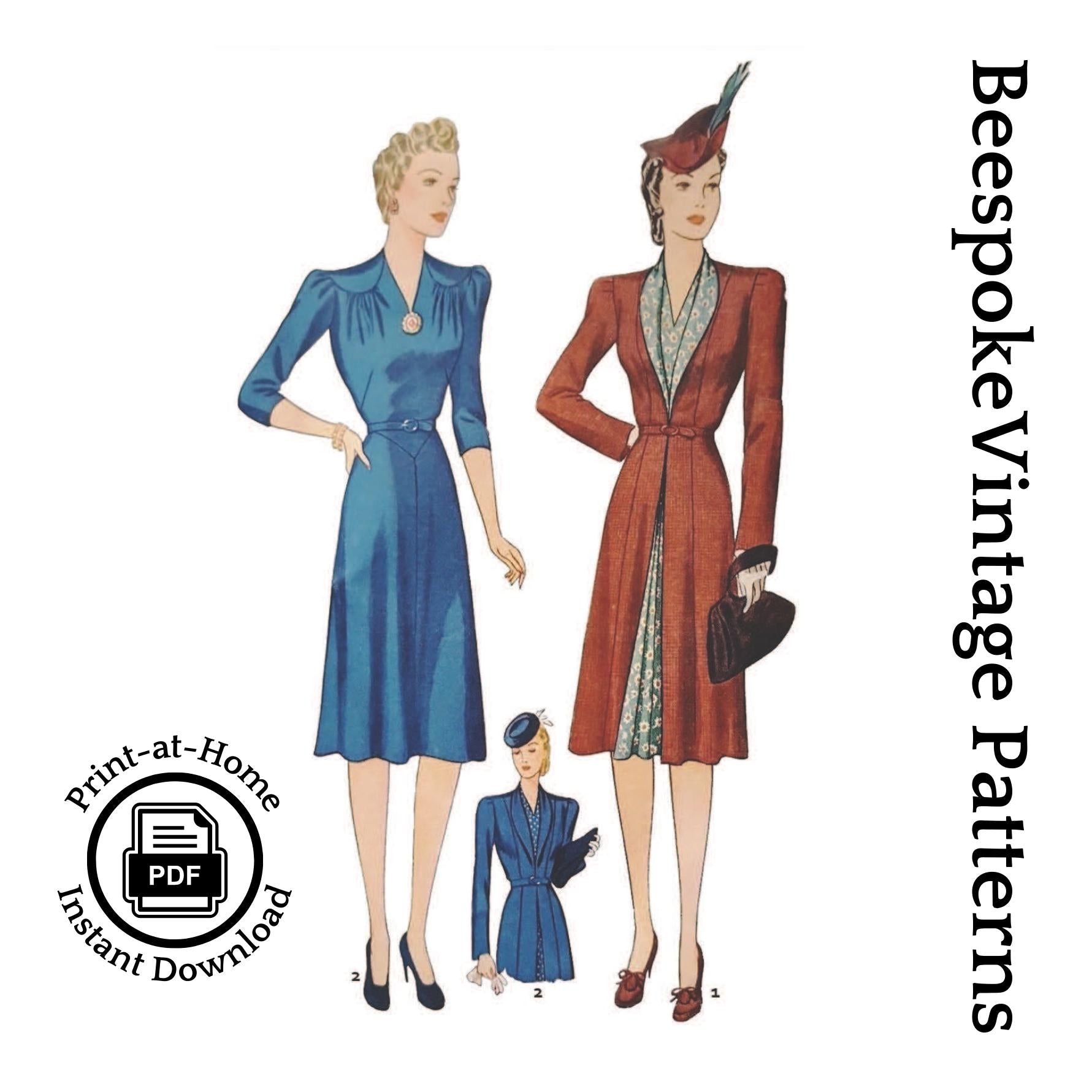 1940s Ladies Dress and Redingote - INSTANT DOWNLOAD - Reproduction 1941 Sewing Pattern #F3640 - 34 Inch Bust - PDF - Print At Home