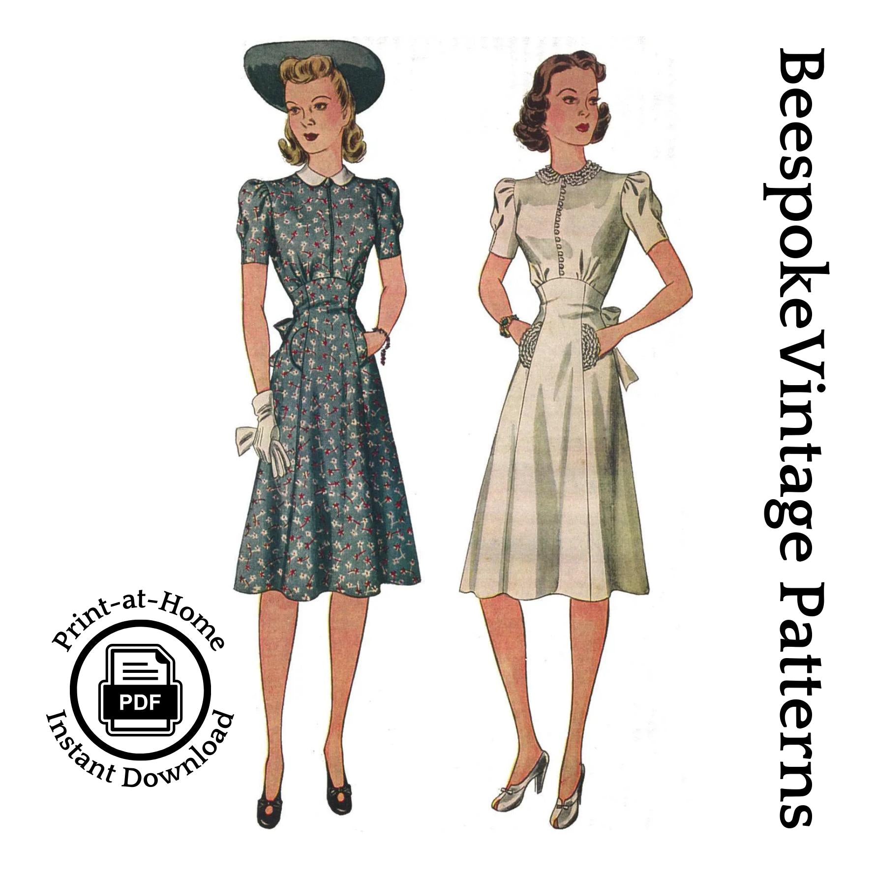 1940s Ladies Day Dress With Raised Waistline - INSTANT DOWNLOAD - Reproduction 1941 Sewing Pattern #F3666 - 34 Inch Bust - PDF-Print At Home