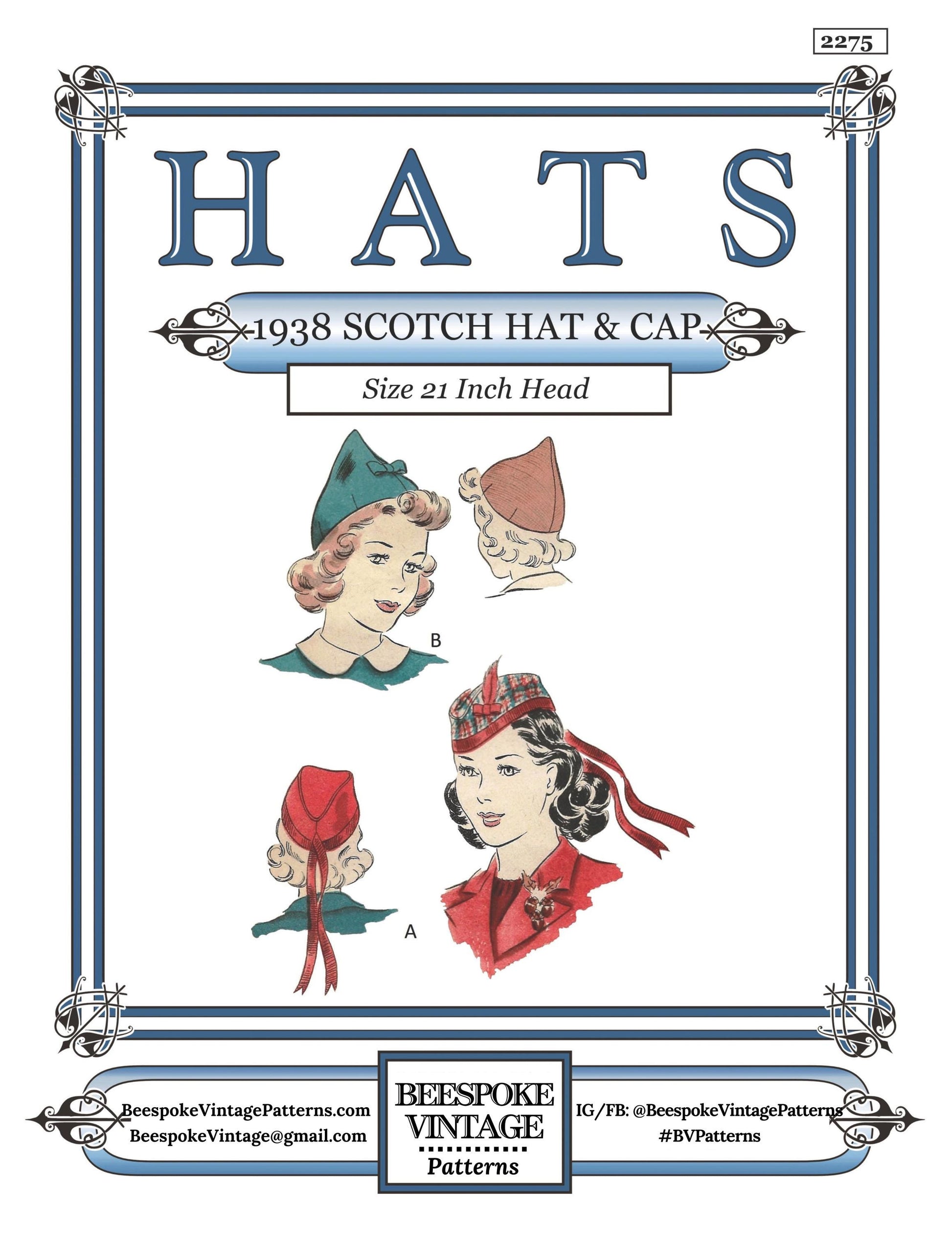 1930s Ladies Scotch Cap and Pointed Cap - INSTANT DOWNLOAD - Pattern #H2275 - Glengarry Style [PDF - PRINT AT HOME]
