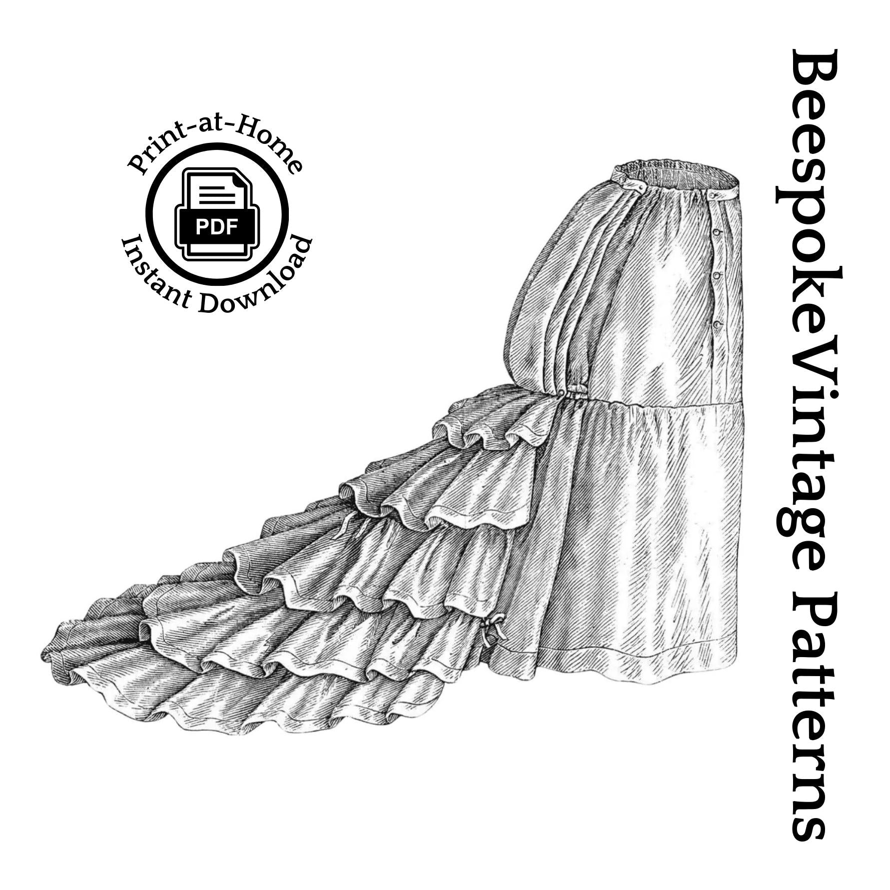 1870s Ladies Petticoat wth Button On Train - INSTANT DOWNLOAD Reproduction 1876 Sewing Pattern #E0174 - ExSmall/Small