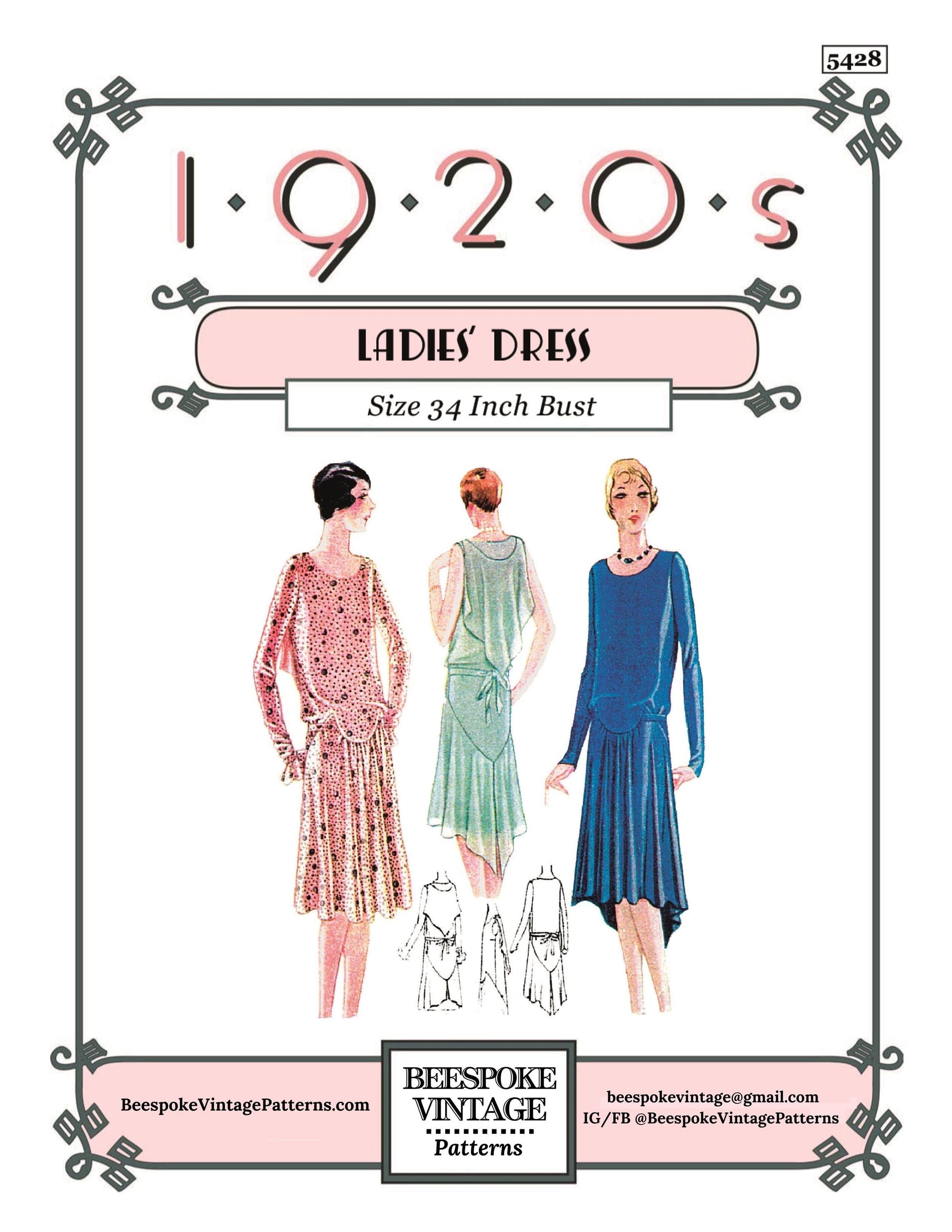 1920s Ladies Dress With Shoulder Drape - INSTANT DOWNLOAD- Reproduction 1928 Sewing Pattern #Z5428 - 34 Bust [PDF - PRINT AT HOME]