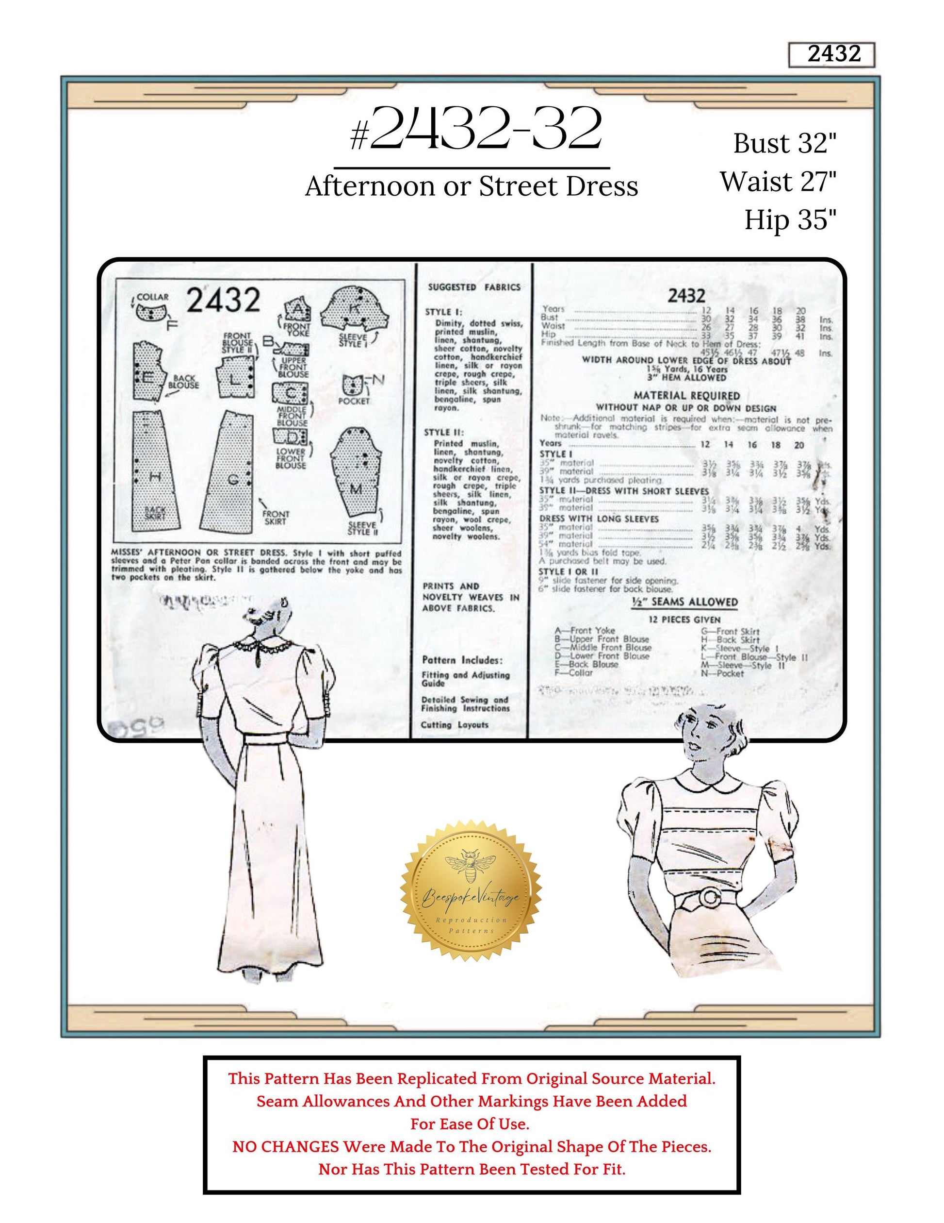 1930s Puffed Sleeve Tucked Front Dress Reproduction Vintage Pattern #2432 - Bust 32" PDF Print-At-Home