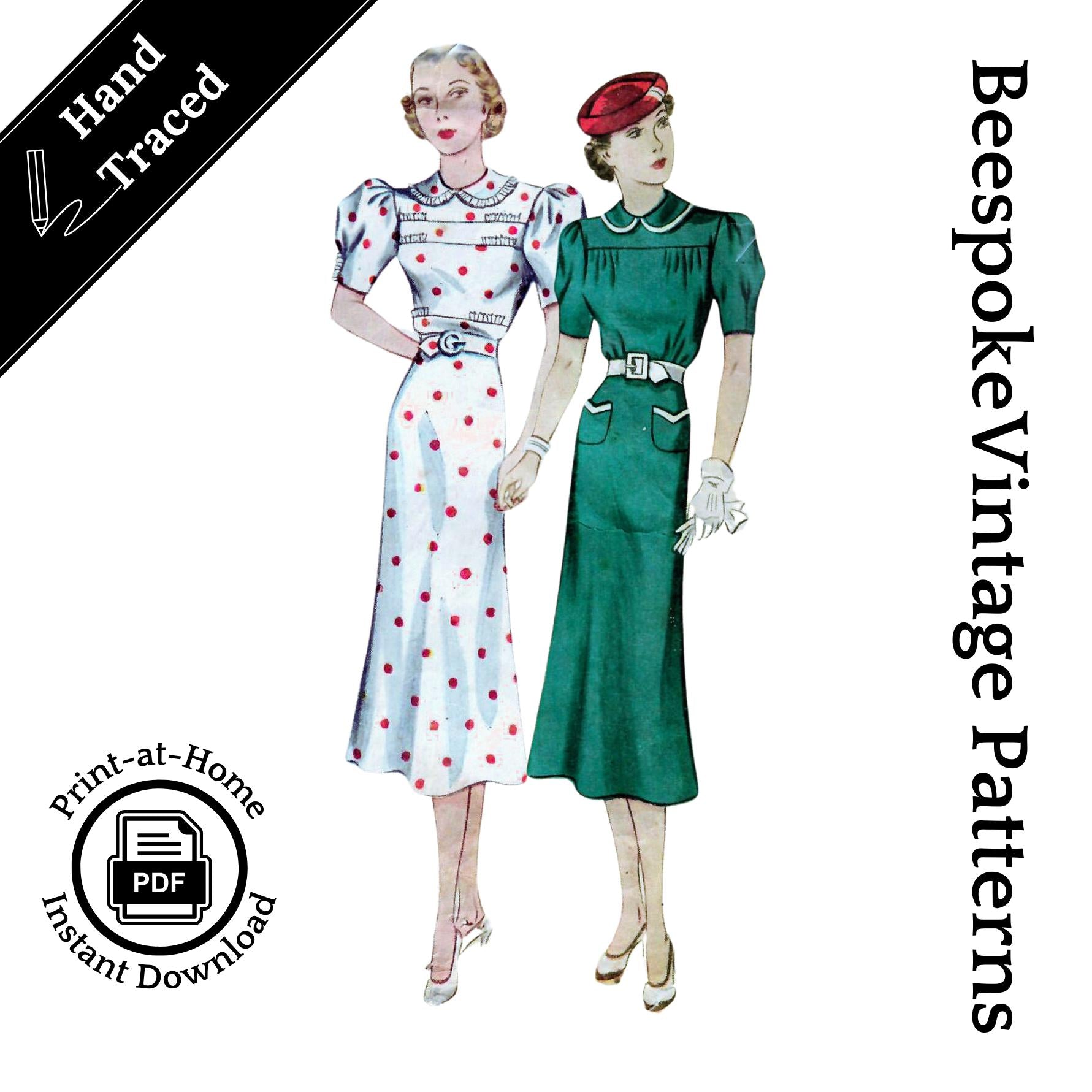 1930s Puffed Sleeve Tucked Front Dress Reproduction Vintage Pattern #2432 - Bust 32" PDF Print-At-Home