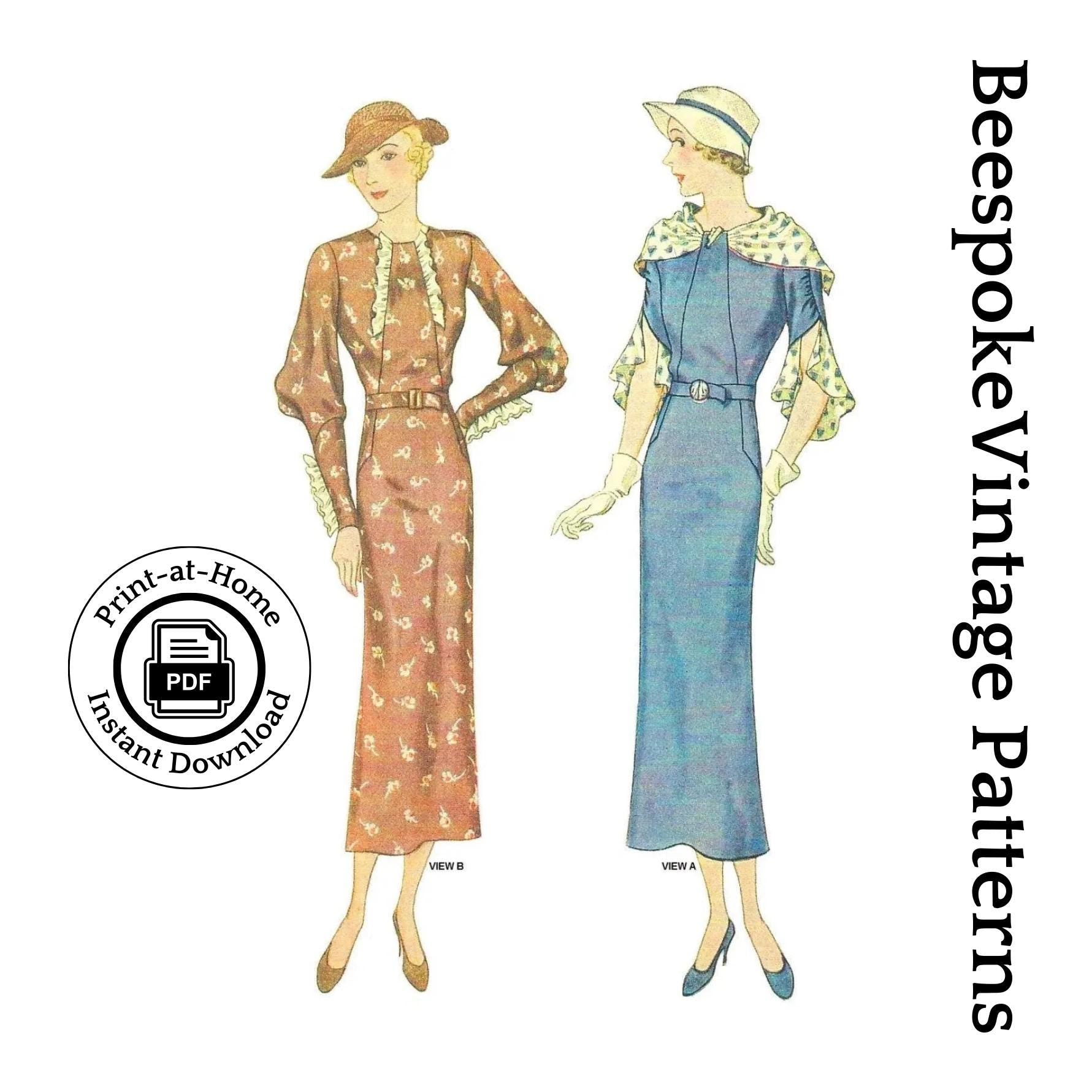 1930s Dress With Collar And Sleeve Options- INSTANT DOWNLOAD - Reproduction 1934 Sewing Pattern #T7744 - 44 Inch Bust [PDF - PRINT AT HOME]