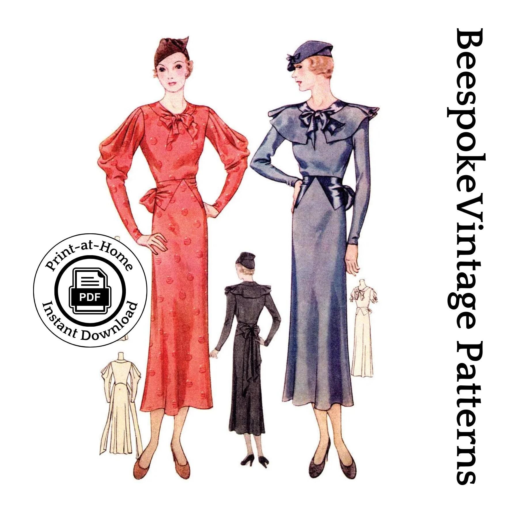 1930s Ladies Dress With Cowl Sleeves - INSTANT DOWNLOAD - Reproduction 1933 Sewing Pattern #T7562 - 40 Inch Bust [PDF - PRINT AT HOME]