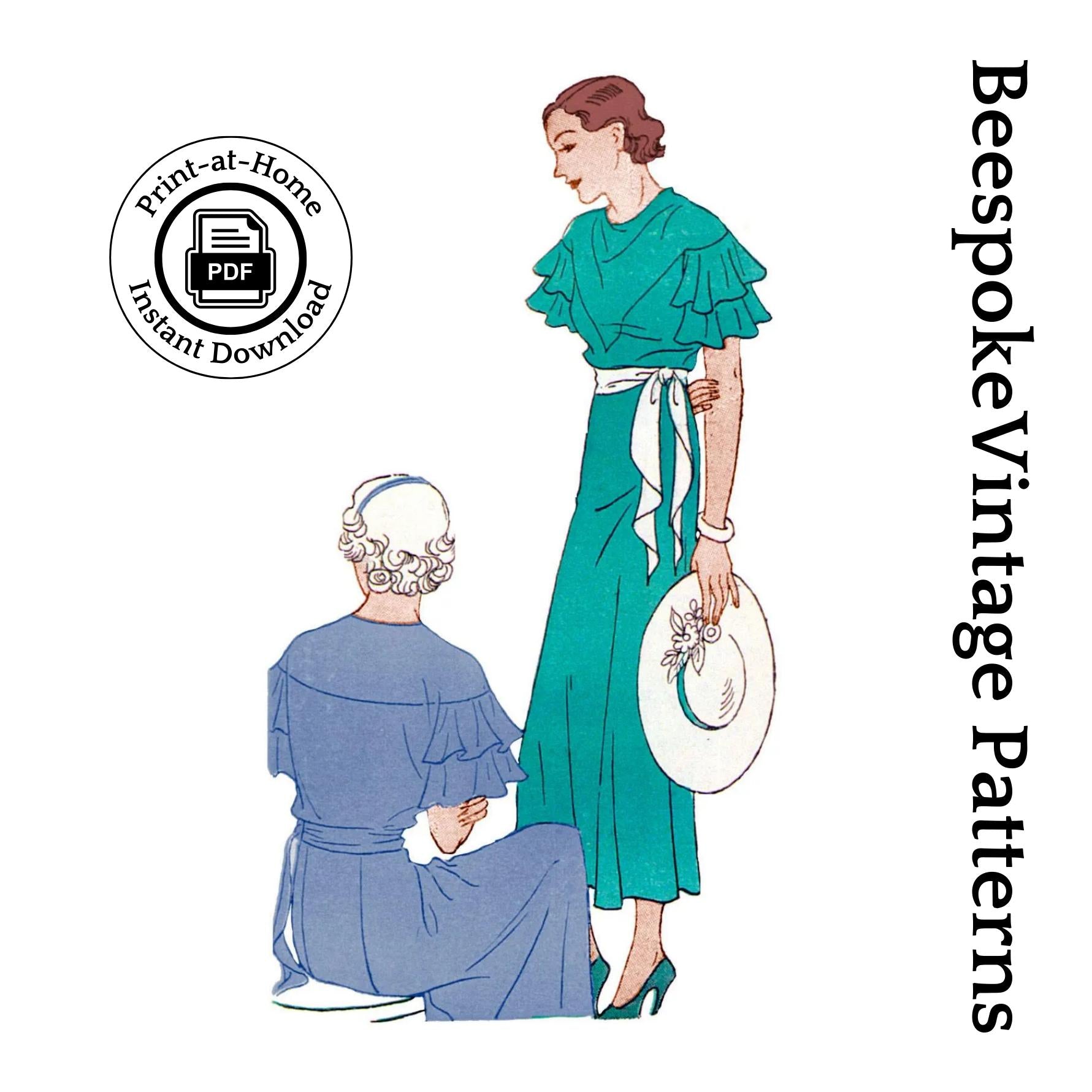 1930s Ladies Dress With Flounced Sleeves - INSTANT DOWNLOAD - Reproduction 1934 Sewing Pattern #T2677 - 38 Inch Bust [PDF - PRINT AT HOME]