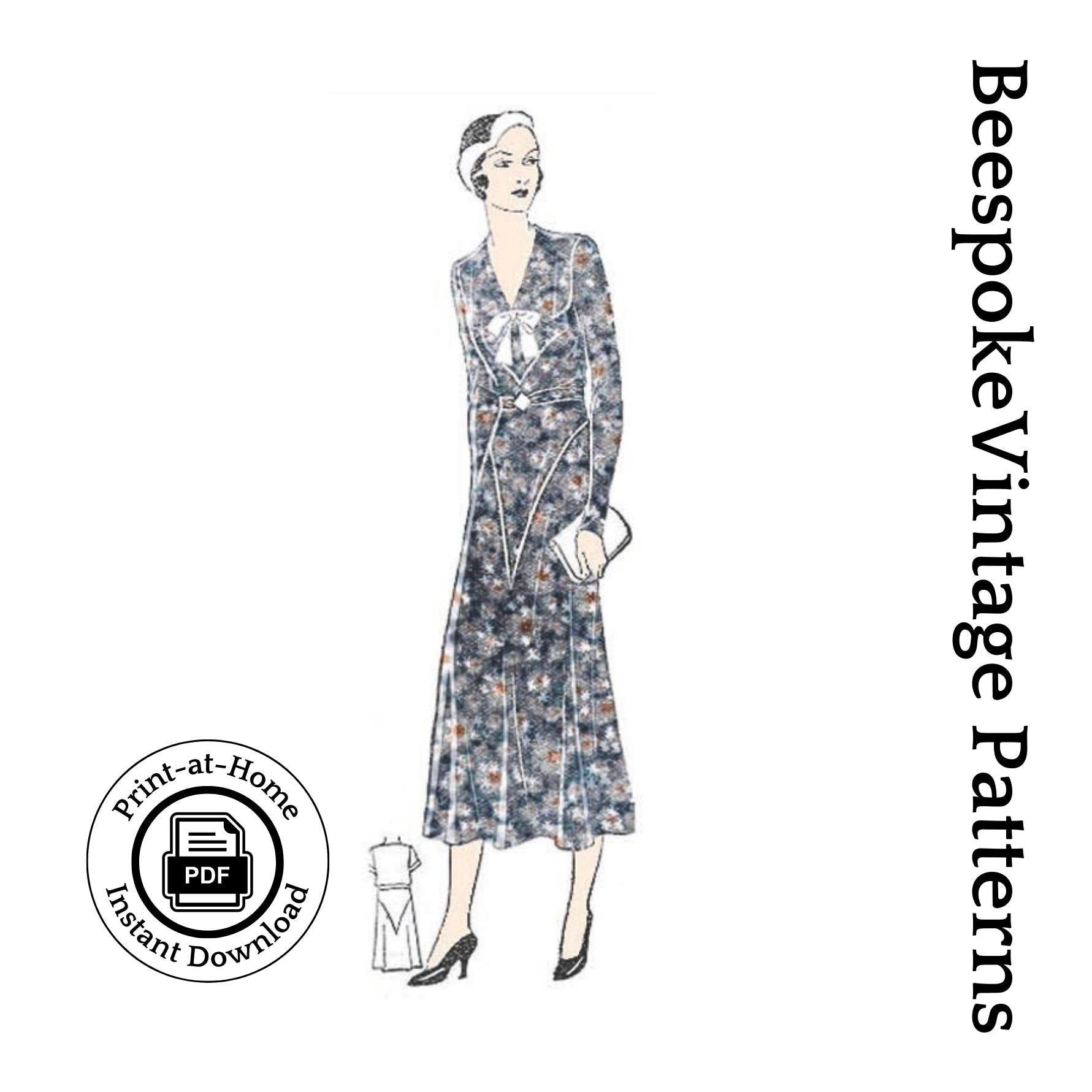 1930s Ladies Dress With Jabot & Deep V-Yoke - INSTANT DOWNLOAD - Reproduction 1936 Sewing Pattern #T0628 - 42 Inch Bust[PDF - PRINT AT HOME]