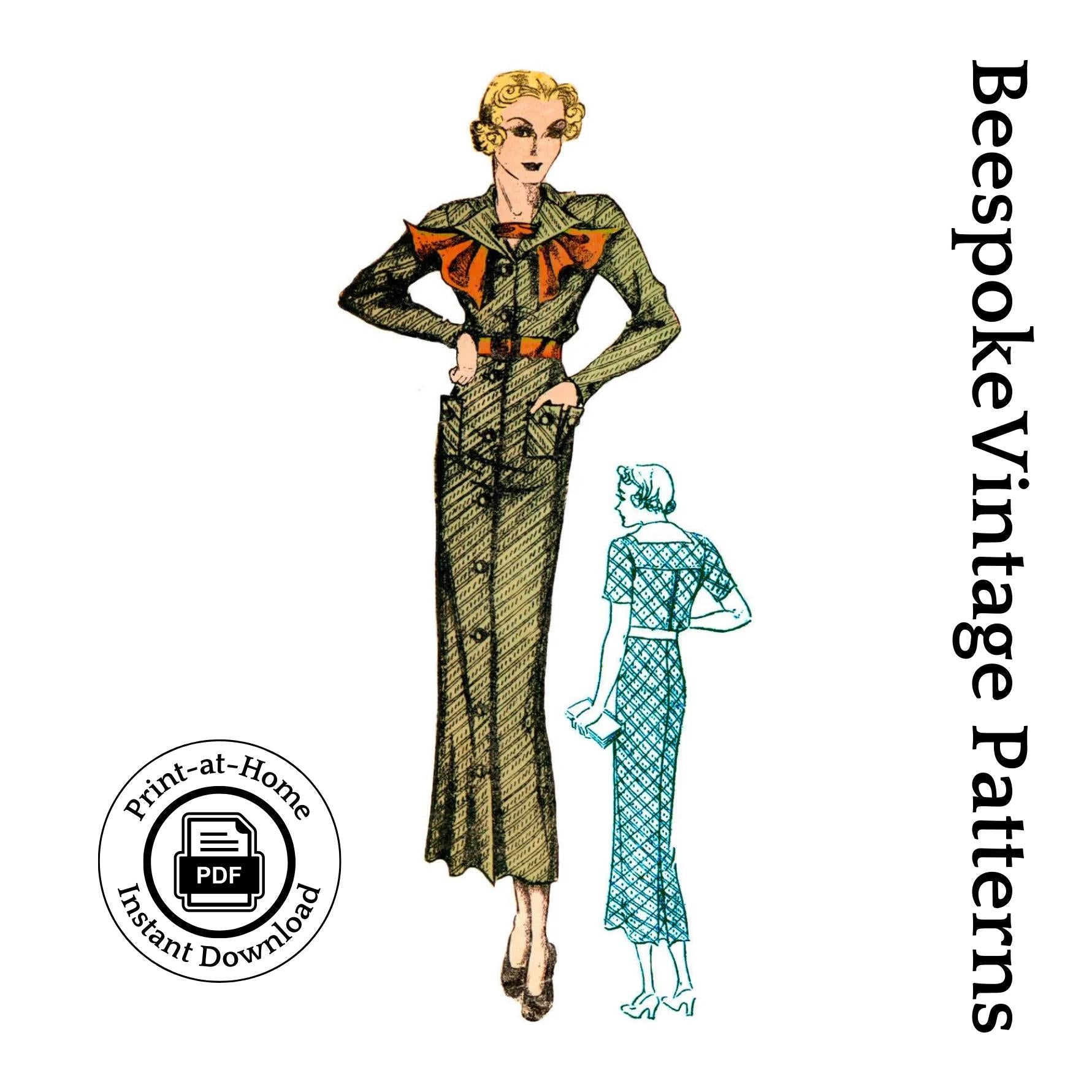 1930s Ladies Dress With Scarf Jabot - INSTANT DOWNLOAD - Reproduction 1935 Sewing Pattern #T0206 - 38 Inch Bust [PDF - PRINT AT HOME]