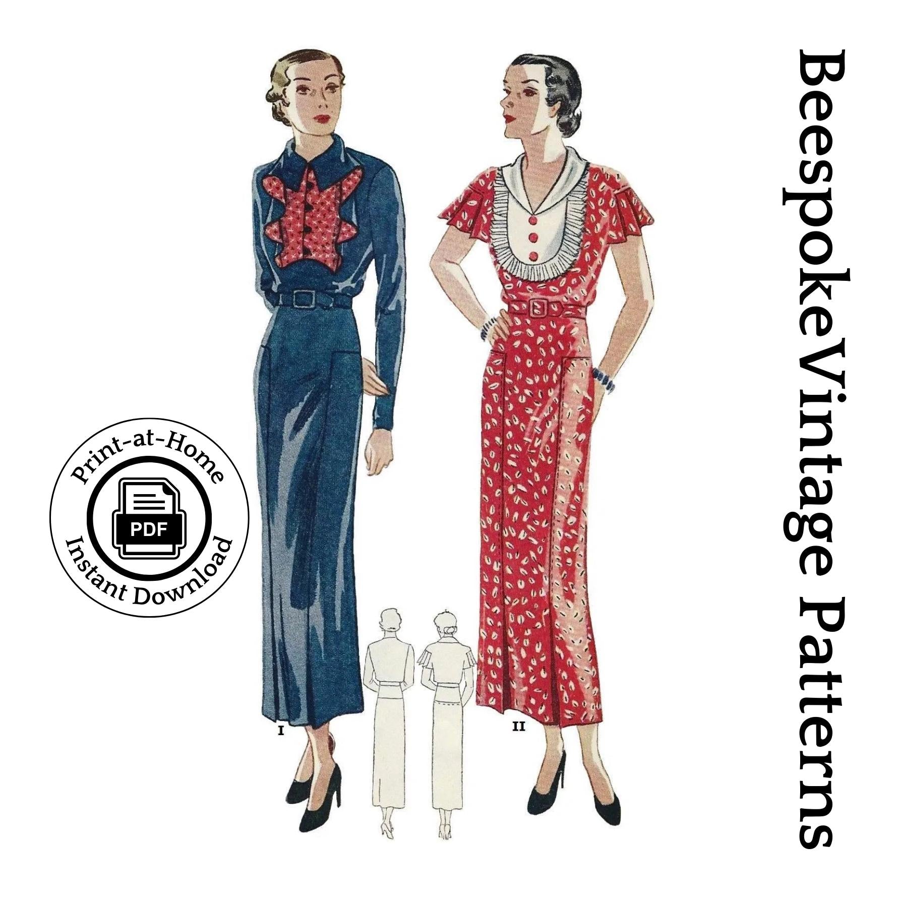 1930s Ladies Dress With Two Vestee Options - INSTANT DOWNLOAD - Reproduction 1935 Sewing Pattern #T1645 - 34 Inch Bust [PDF - PRINT AT HOME]