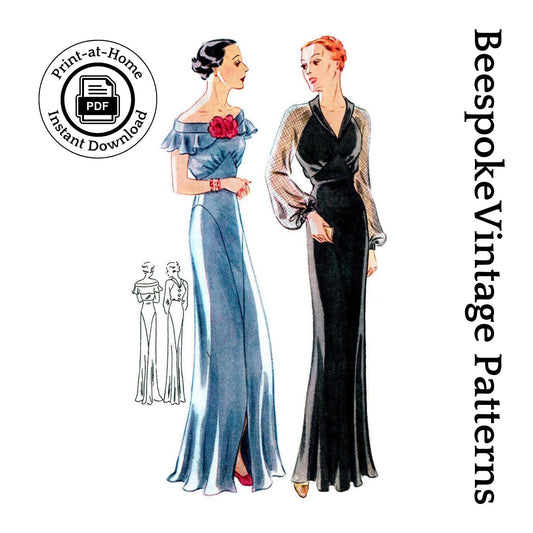 1930s Ladies Evening Gown With Neck Options - INSTANT DOWNLOAD - Reproduction 1935 Sewing Pattern #T1659 - 38 Inch Bust [PDF - PRINT AT HOME]
