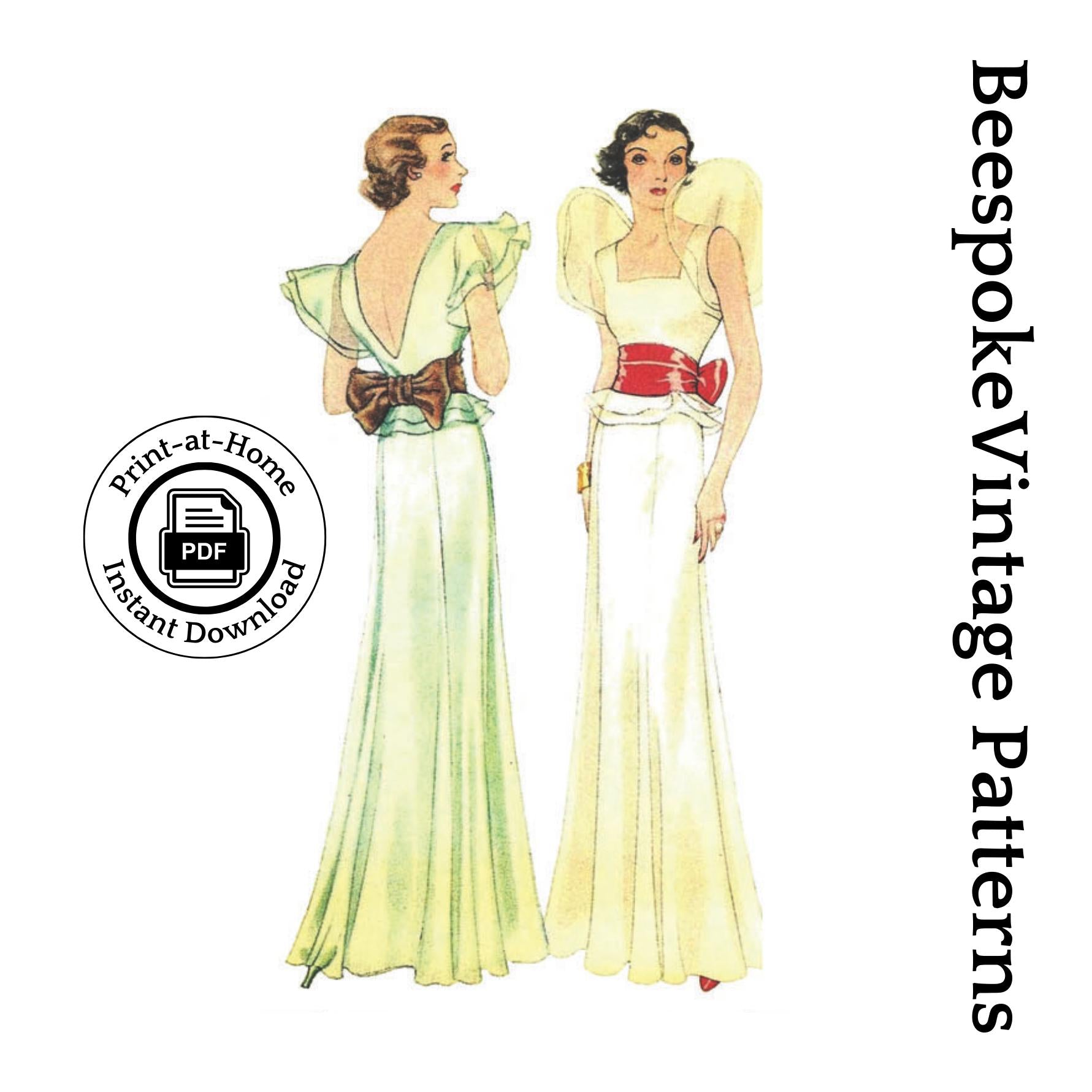 1930s Ladies Evening Gown With Sash - INSTANT DOWNLOAD - Reproduction 1933 Sewing Pattern #T7226 - 34 Inch Bust [PDF - PRINT AT HOME]
