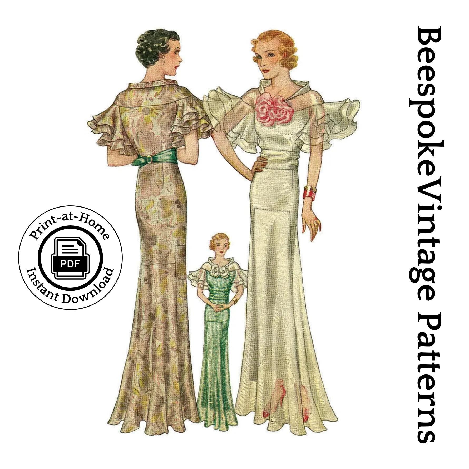 1930s Ladies Evening Gown With Wing Sleeves - INSTANT DOWNLOAD - Reproduction 1934 Sewing Pattern #T7653 - 34 Inch Bust[PDF - PRINT AT HOME]