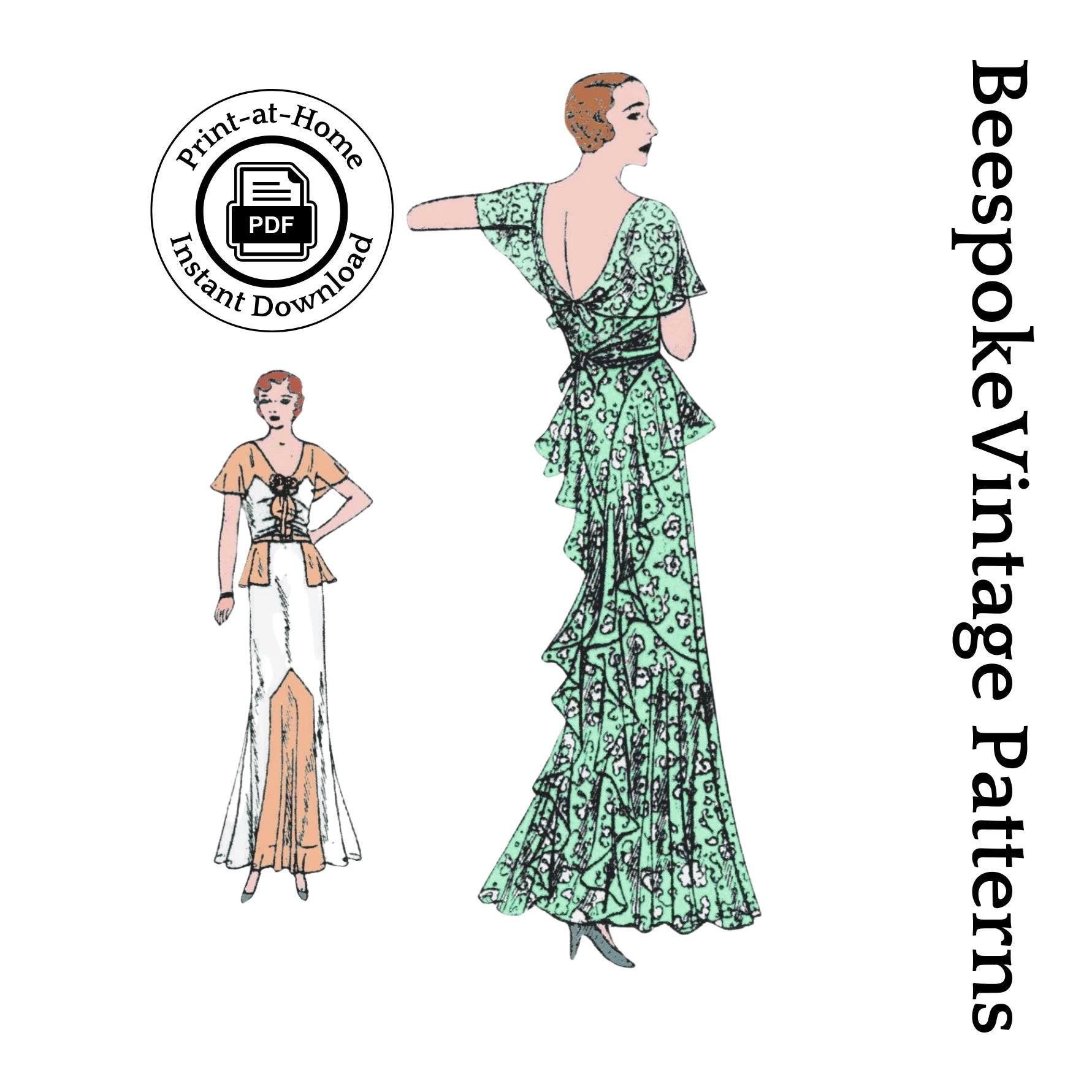 1930s Ladies Slip-Over Gown With Cascades - INSTANT DOWNLOAD - Reproduction 1931 Sewing Pattern #T3946 [PDF - PRINT AT HOME]