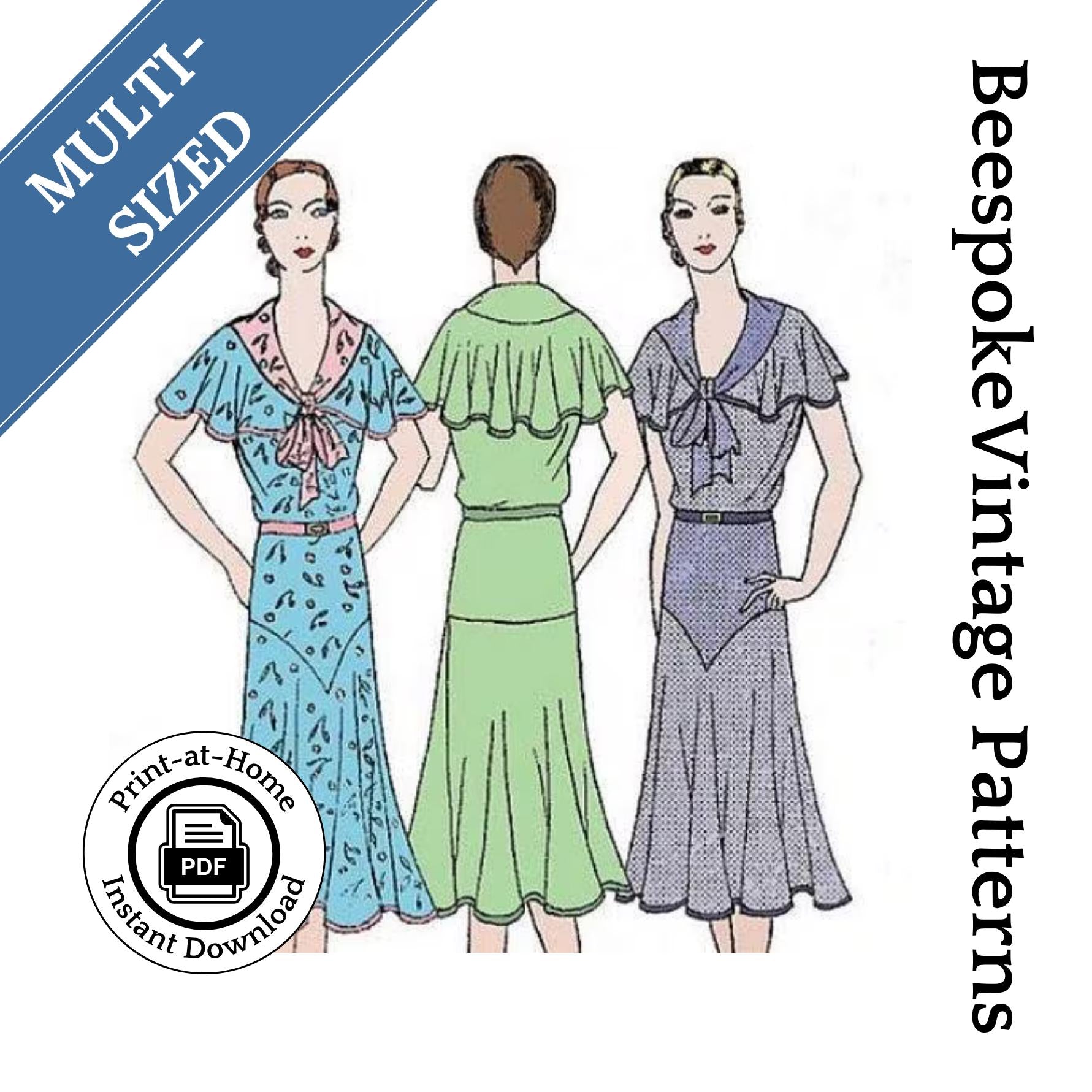 1930s Ladies Day Dress With Bertha - INSTANT DOWNLOAD - Reproduction 1931-32 Sewing Pattern #T0255 - 38-42 Inch Bust [PDF - PRINT AT HOME]