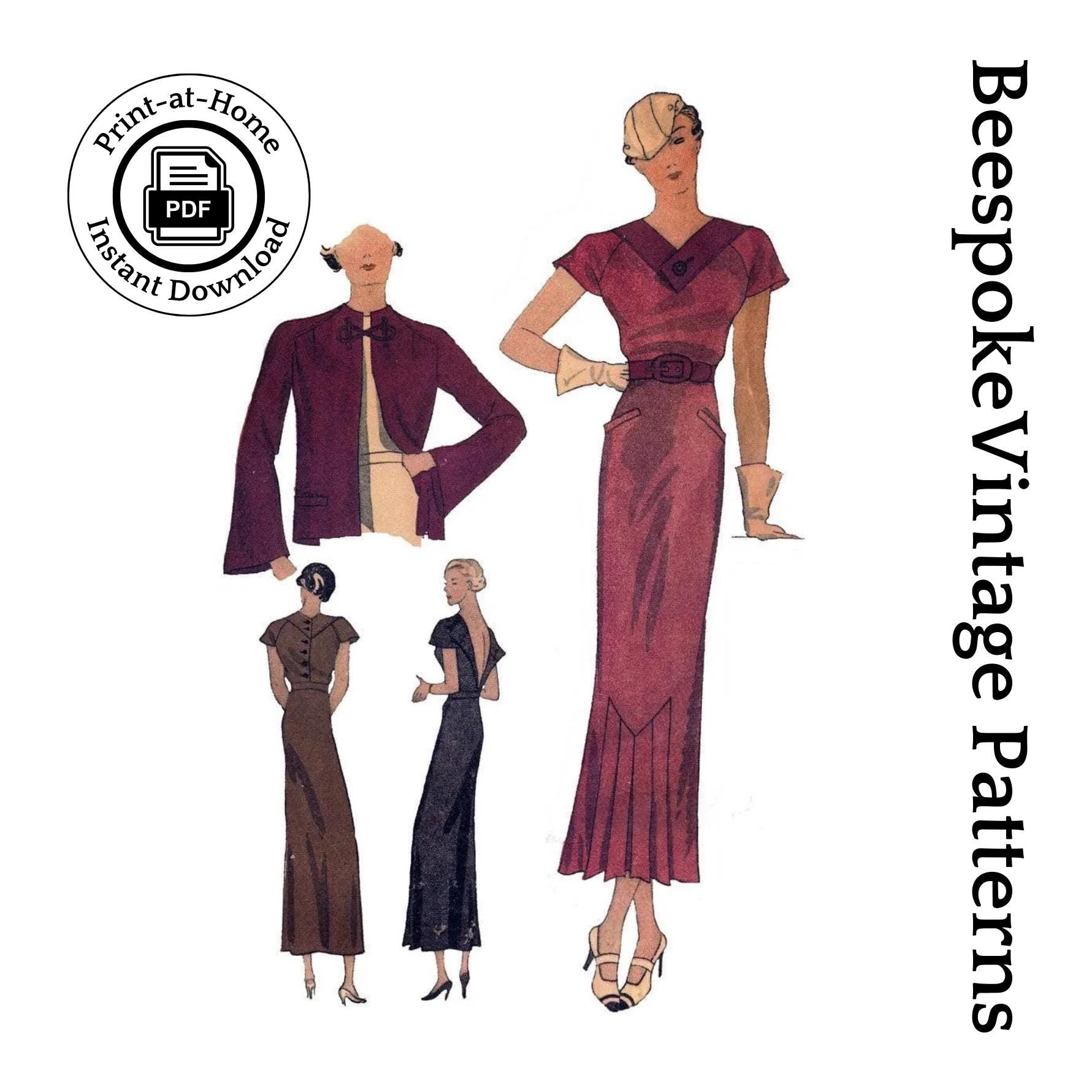 1930s Ladies V-Front Dress With Jacket - INSTANT DOWNLOAD - Reproduction 1934 Sewing Pattern #T1364 - 32 Inch Bust [PDF - PRINT AT HOME]