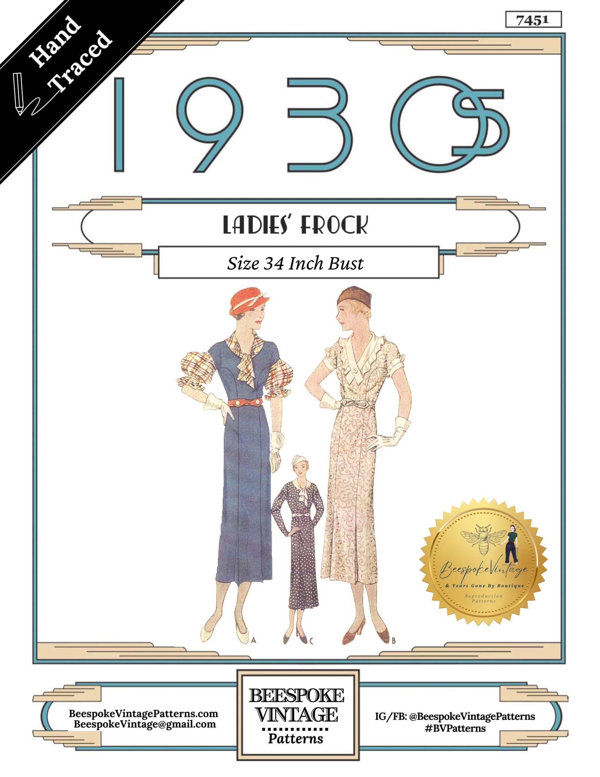 1930s Ladies' and Misses' Dress - Bust 34" - vintage sz 16 - Pattern #7451-34 [PDF - PRINT AT HOME]