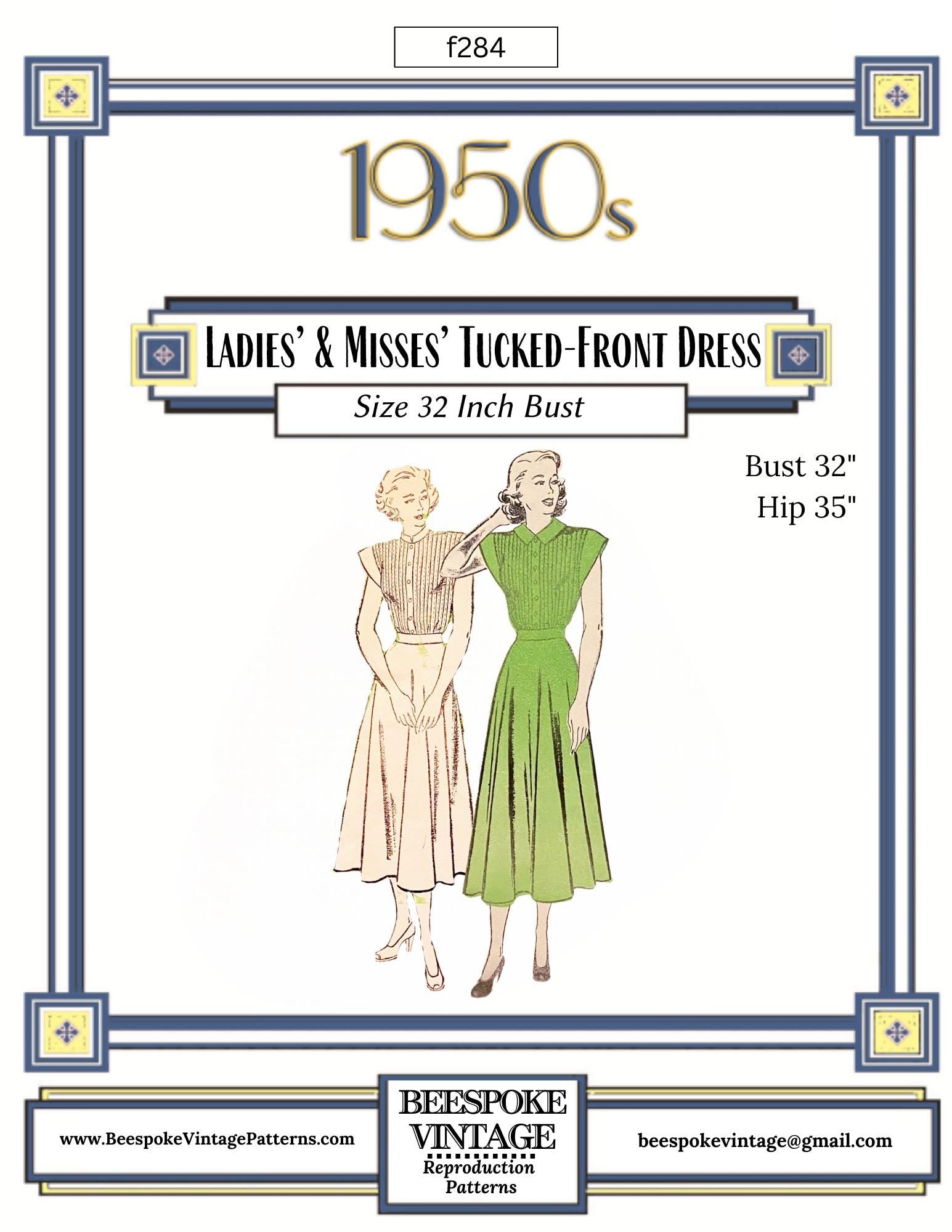 1950s Tucked bodice Dress with two collars - Bust 32" Pattern #f284 [PDF - PRINT AT HOME]