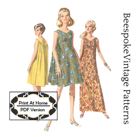 1960s MuuMuu, Waterfall Dress - Bust 34" and 38" - Reproduction Vintage Pattern #7088 - PDF - Print At Home