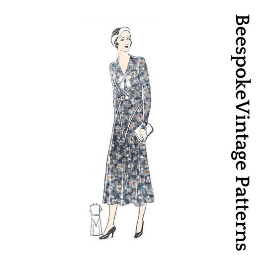 1930s Ladies Day Dress With Jabot Collar & Deep V-Yoke - Reproduction 1936 Sewing Pattern #T0628 - 42 Inch Bust