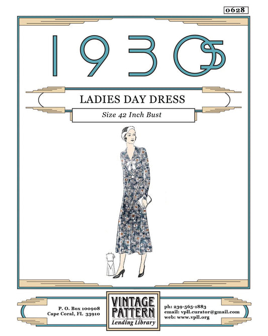 1930s Ladies Day Dress With Jabot Collar & Deep V-Yoke - Reproduction 1936 Sewing Pattern #T0628 - 42 Inch Bust