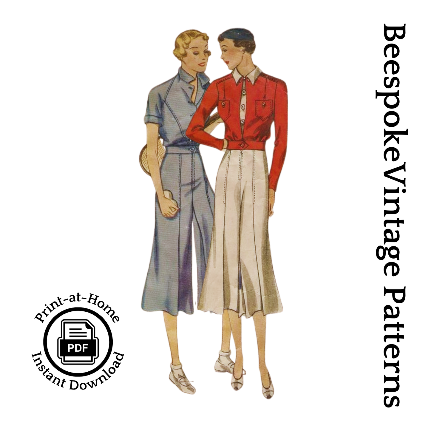 1930s Misses' and Women's Blouse, Divided Skirt and Jacket - Bust 34" -  Pattern #1929-34 [PDF - PRINT AT HOME]